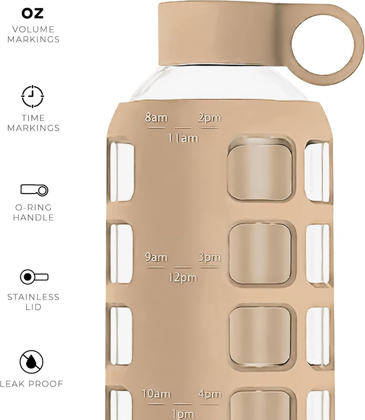 purifyou 40oz / 32oz / 22oz / 12oz Borosilicate Glass Water Bottle with Time & Volume Markers, Silicone Sleeve, Stainless Steel Lid – Reusable Glass Bottle for Water & Juice (22oz Iced Coffee)