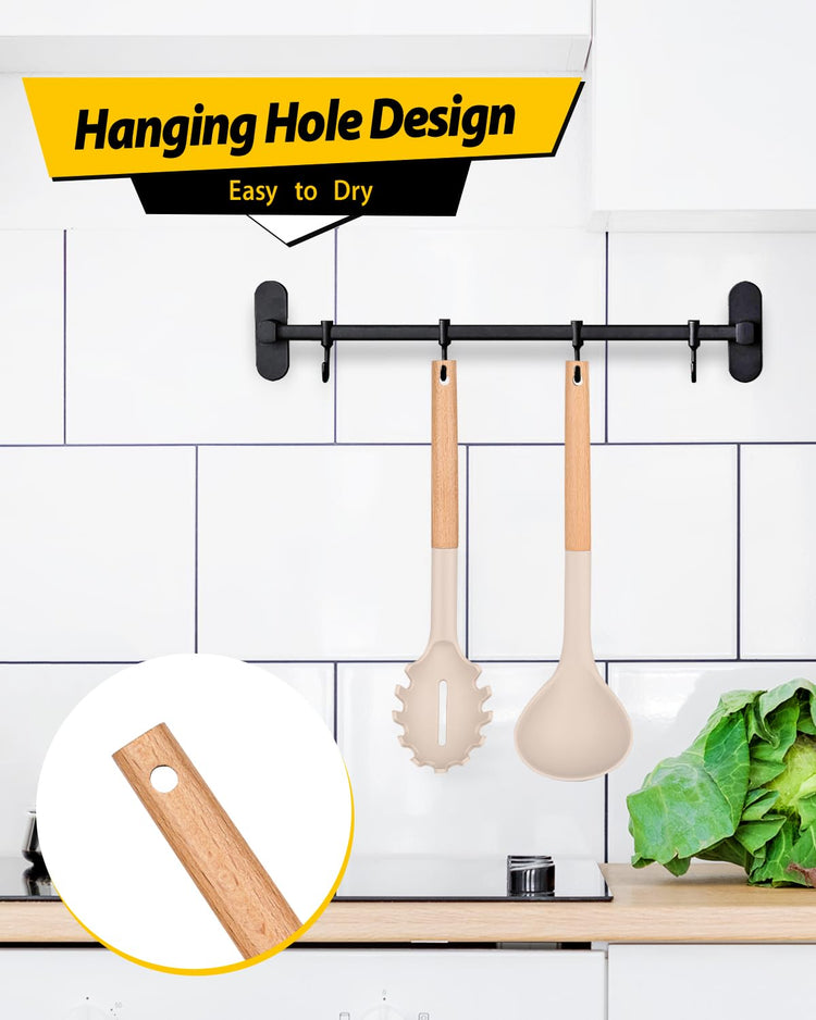 Silicone Pasta Fork and Ladle Spoon Set with Wooden Handle (2 Count)