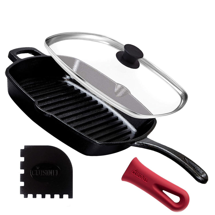 Cast Iron Square Grill Pan + Glass Lid + Pan Scraper + Handle Cover