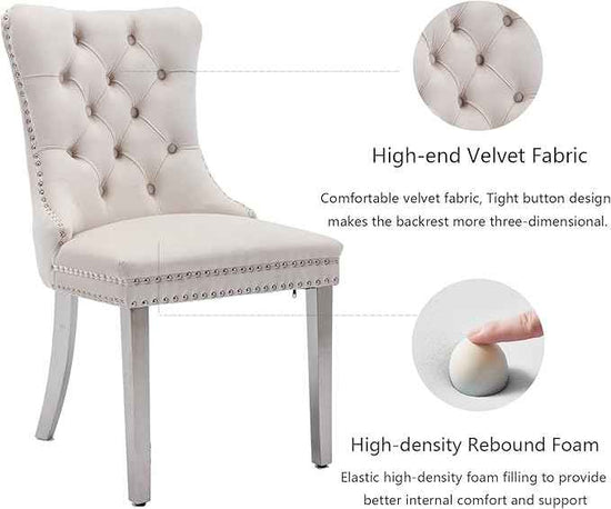 Velvet Dining Chairs Set of 6, Upholstered Dining Room Chairs with Back Ring Pull Trim and Sliver Stainless Steel Legs,Modern Kitchen Chairs Perfect for Dining Room,Living Room,Kitchen(Beige)