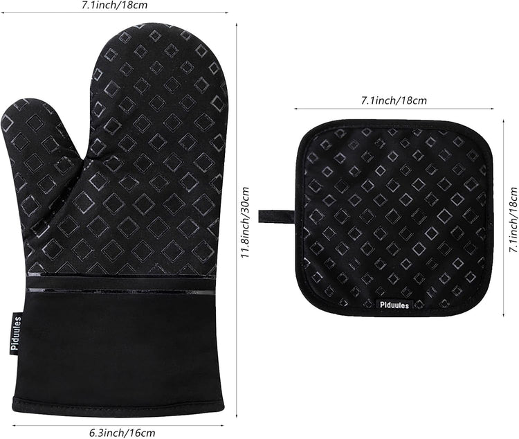 Set of 4 Oven Mitts and Pot Holders, 482 F Heat Resistant Hot Plate Moving Non-Slip Gloves for BBQ, Grill, Baking, Cooking, Oven, Microwave (Black)