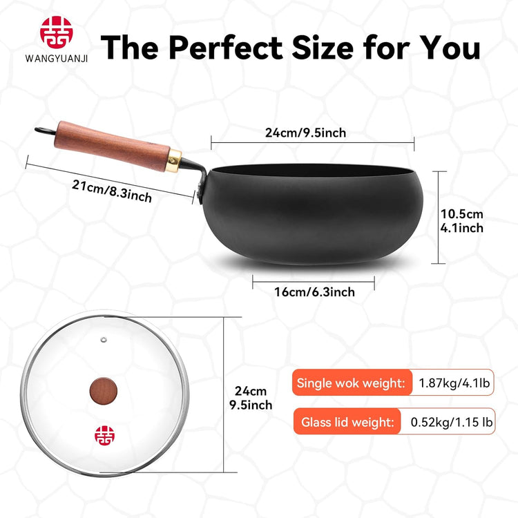 WANGYUANJI 9.5-Inch Wok Pan with Lid – Handmade Round Cooking Wok, Deep Frying Pan with Detachable Wooden Handle, No Chemical Coated Wok Flat Bottom for Induction & Gas Stoves