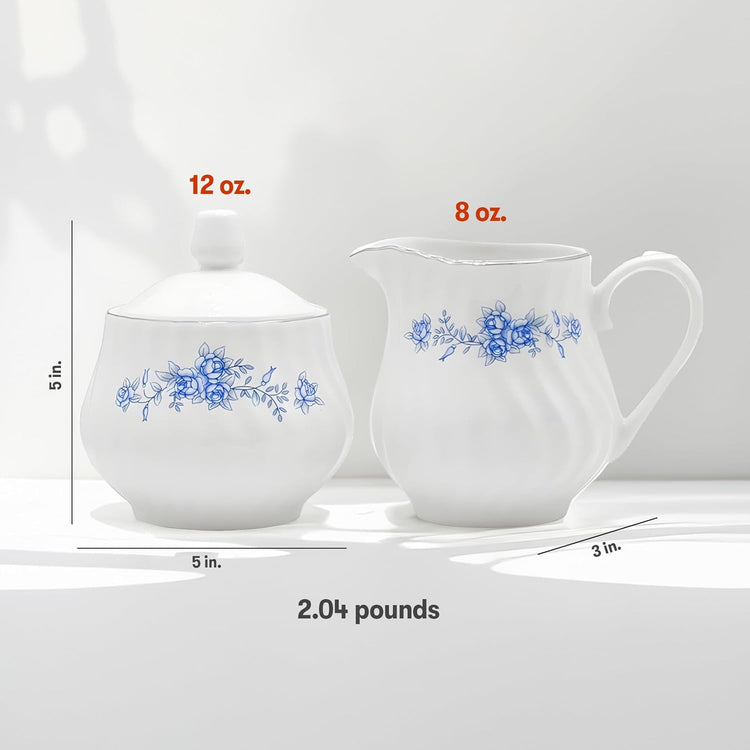 Sugar and Creamer Set - Porcelain Sugar and Creamer Floral Vintage Tea Set with Silver Trims & Embossed Swirls - Exquisite Fine China Tea Set for Parties & Celebrations - Royal Rose Set by Lynns