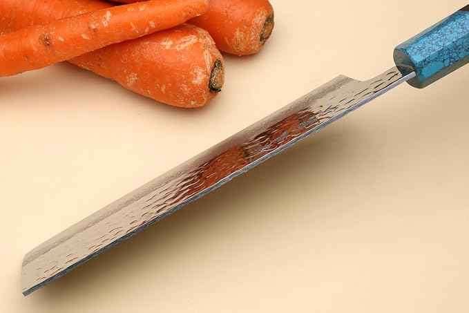 Yoshihiro VG-10 46 Layers Hammered Damascus Nakiri Japanese Vegetable Knife Octagonal Turquoise Blue Handle (6.5'' (165mm))