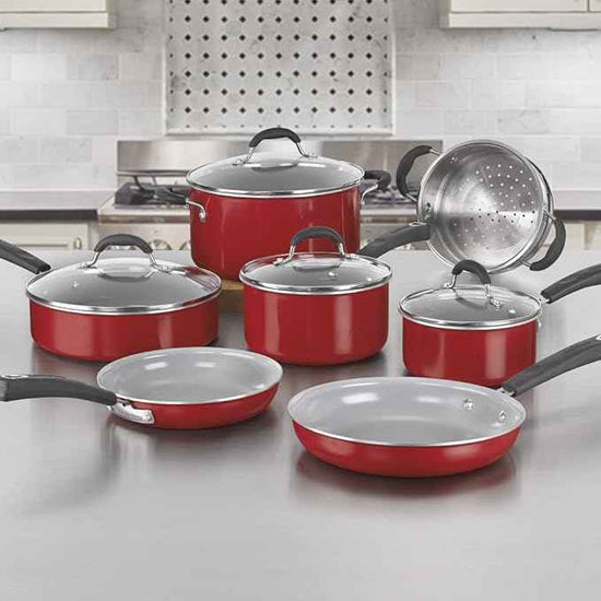 Cuisinart 54C-11R 11-Piece Ceramica XT Nonstick Cookware Set, Red/Stainless Steel