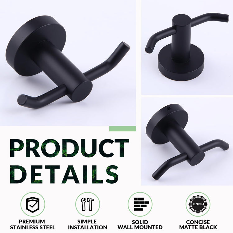 Matte Black Double Towel Hook for Bathroom