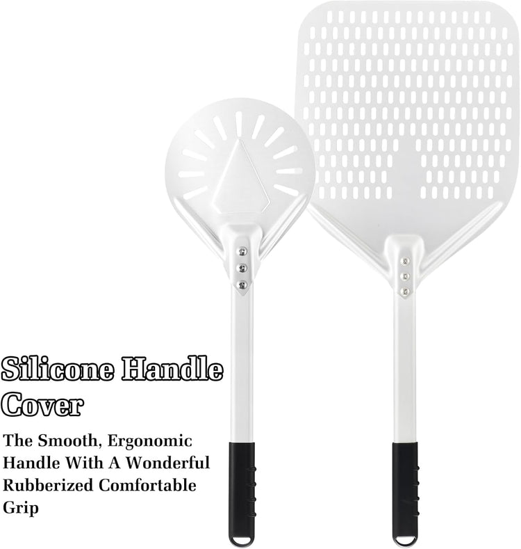 12 Inch + 7 Inch Perforated Pizza Peel Set, Pizza Turning Peel with Metal Handle, Pizza Spatula Paddle for Homemade Pizza Oven Accessories