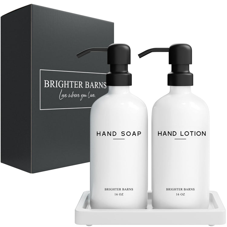 White Glass Soap and Lotion Dispenser Set with Tray by Brighter Barns