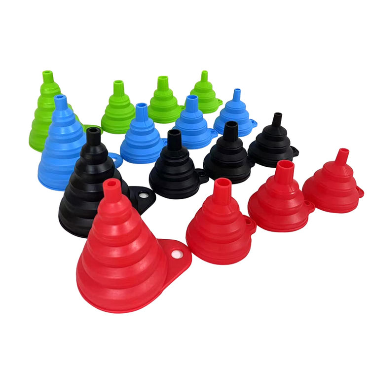 Set of 4 Silicone Collapsible Kitchen Funnel - X-Small to Large Sizes for Easy Liquid Transfer Food Grade Silicone Collapsible Gadgets (Black)