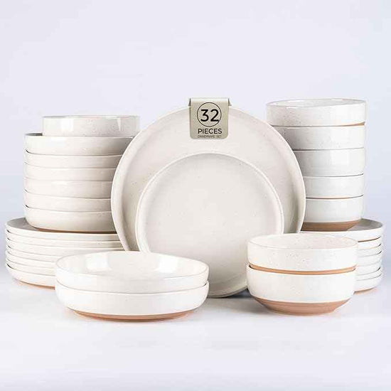AmorArc Ceramic Dinnerware Sets with Pasta Bowls for 8, Handpainted Plates and Bowls Set with Rustic Terracotta Underside, Scratch Resistant Dishes Set, Dishwasher & Microwave Safe, 32 Pcs