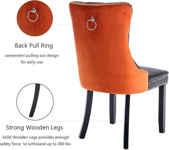 Dining Chairs Set of 6, Upholstered Dining Room Chairs with Back Ring Pull Trim and Solid Wood Legs, Modern Tufted Kitchen Chairs Perfect for Dining Room, Black Pu Leather Splicing Orange Velvet