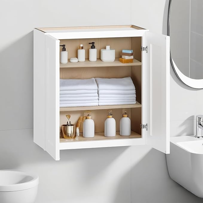 30 Inch Laundry Room Cabinets Wall Mounted, Solid Wood Over The Toilet Storage Organizer, White Shaker RTA Kitchen Wall Cabinet with 2 Shaker Door & Shelves, Large Space for Bathroom, Garage