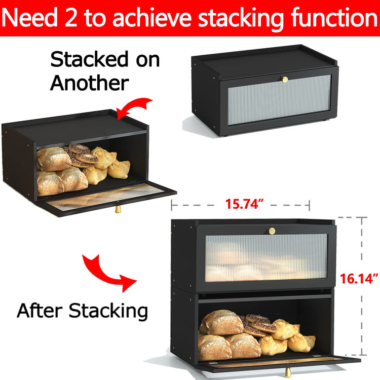 Black Bread Box for Kitchen Countertop