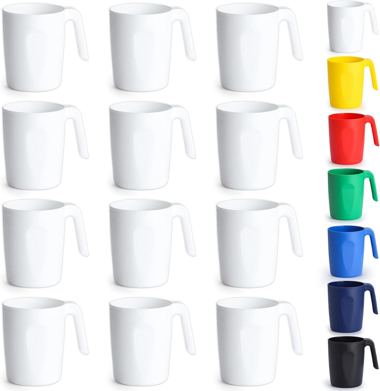 Kyraton Plastic Mug Set 12 Pieces, White Unbreakable And Reusable Light Weight Travel Coffee Mugs Espresso Cups Easy to Carry And Clean, Dishwasher Safe
