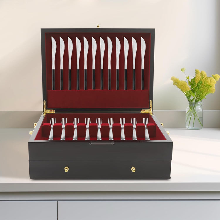 JOMCYDM Wooden Silverware Storage Box 2 Layers Silverware Chest Case with Drawer with Handle Lid Flatware Organizer for Kitchen Dining Room