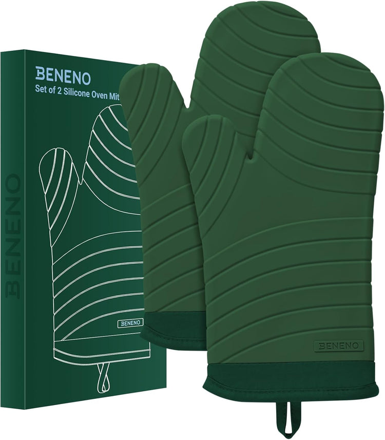 Beneno BPA-Free Silicone Oven Mitts, Heat Resistant Waterproof Oven Mitts with Non-Slip Textured Grip, Comfortable Quilted Lining, Kitchen Pot Holders for Cooking, Baking, Grilling, 7"x13", 2Pcs Green