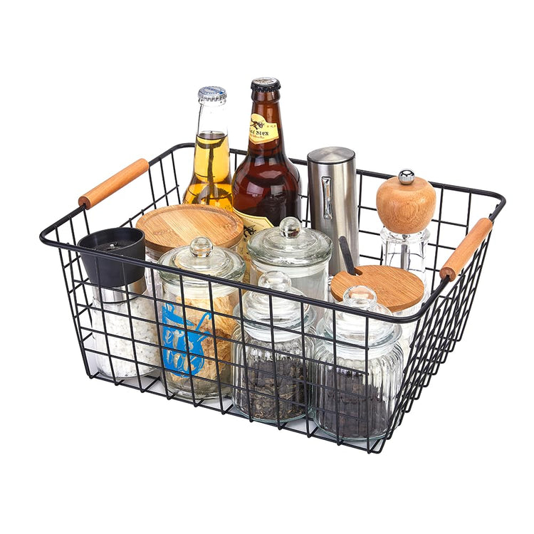 Large black wire baskets with Wooden Handles for storage pantry