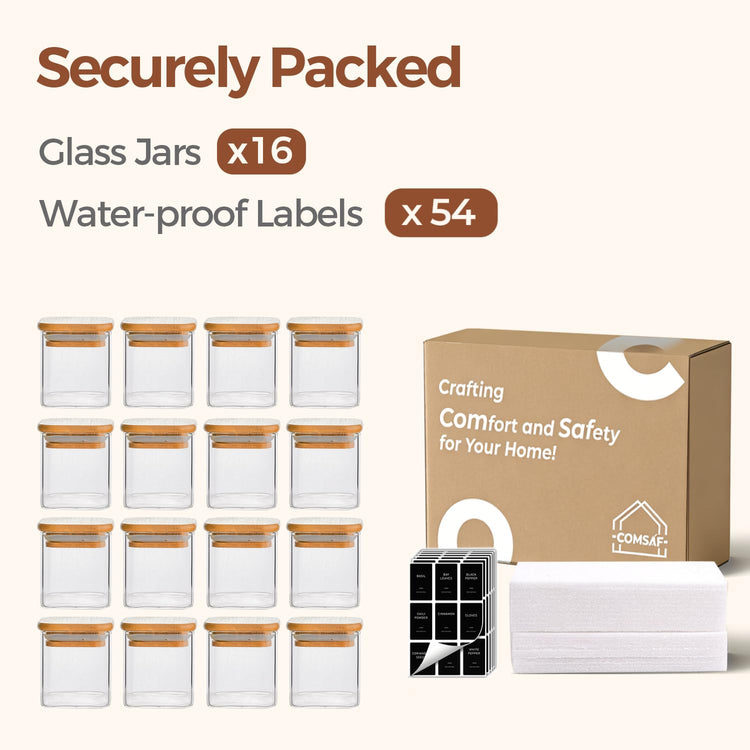Glass Spice Jars with Labels 4 oz 16 Pack Small Square Bamboo Lids (16 Count)