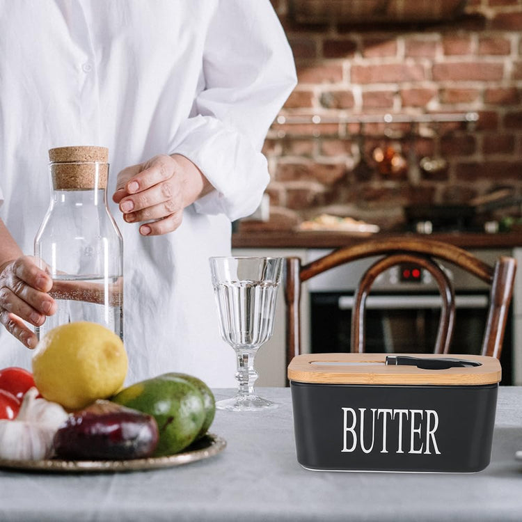 Ceramic Butter Dish with Bamboo Lid and Stainless Steel Knife Spreader