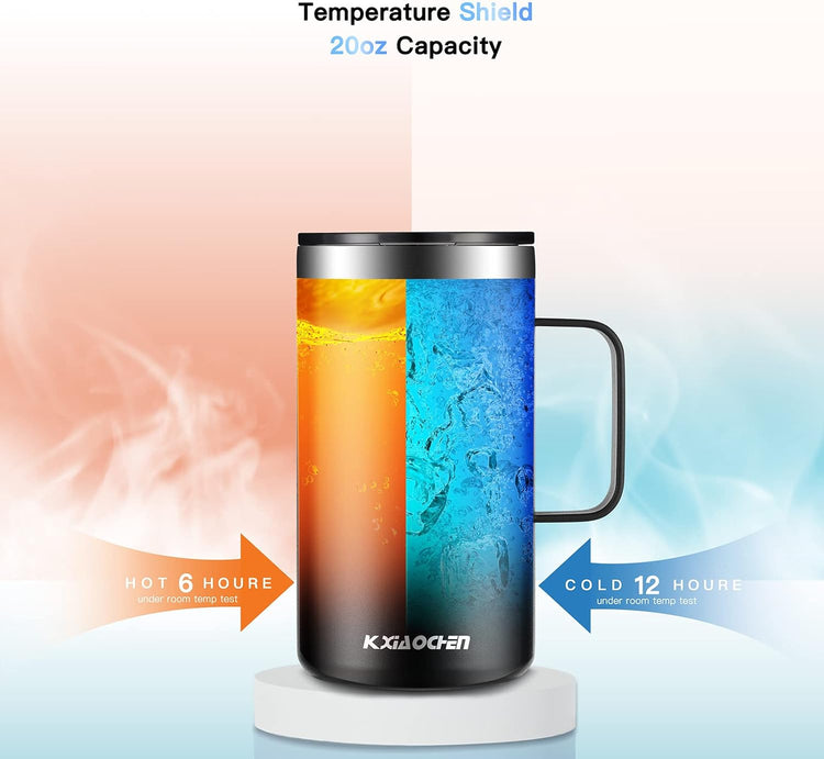 KXIAOCHEN 20oz Insulated Coffee Mug with Lid, Stainless Steel Coffee Cup, Double Wall Vacuum Coffee Tumbler with Handle, Premium Thermal Travel Coffee Mug (Black 2Pack)