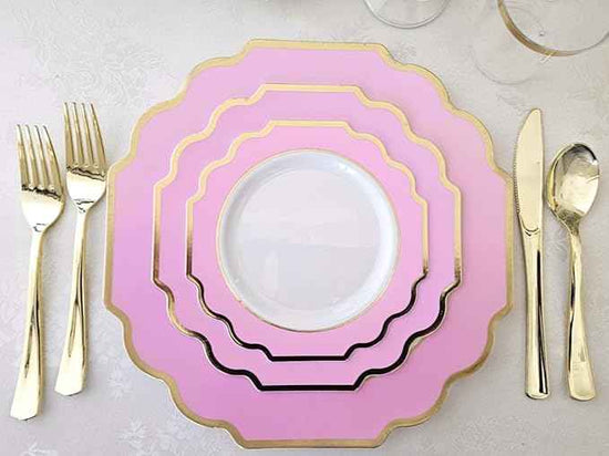 " OCCASIONS " 200 Piece set (25 Guests)-Wedding Plastic Plates & cutlery -Disposable heavyweight Dinnerware 10.5'', 8'' + Silverware + Cups + Napkins (Imperial in Rose Pink & Gold)