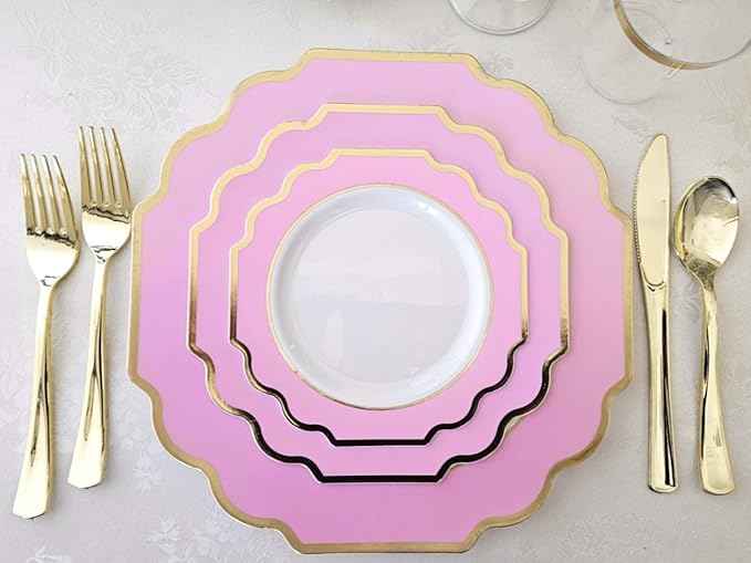 " OCCASIONS " 200 Piece set (25 Guests)-Wedding Plastic Plates & cutlery -Disposable heavyweight Dinnerware 10.5'', 8'' + Silverware + Cups + Napkins (Imperial in Rose Pink & Gold)