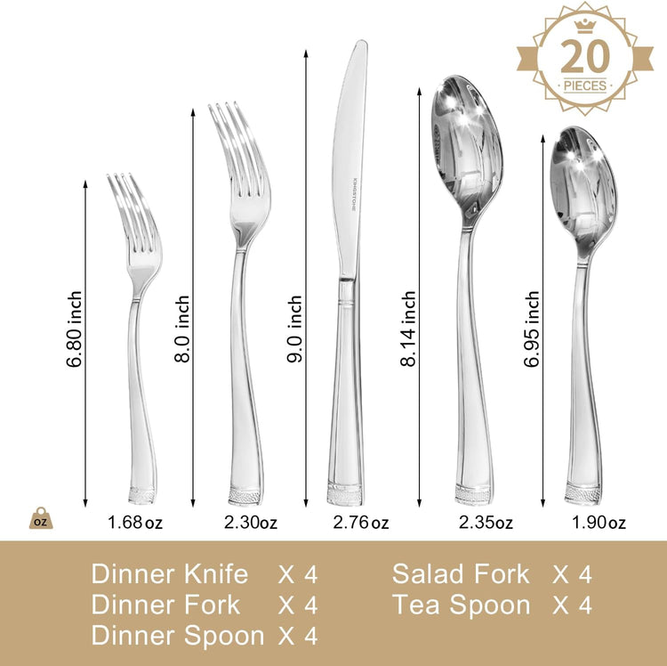KINGSTONE Silverware Set, 20-Piece Flatware Set for 4, 18/10 Stainless Steel Cutlery Set with Bead Edge, Utensil for Kitchen, Home, Party, Wedding, Mirror Polished, Dishwasher Safe, Featured Gifts