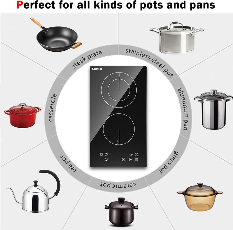 Karinear 2 Burner Electric Cooktop 12 Inch, Drop-in Electric Radiant Cooktop 220v - 240v with Child Safety Lock, Timer, Residual Heat Indicator, 3200W, Hard Wired, No Plug Electric Stove Top