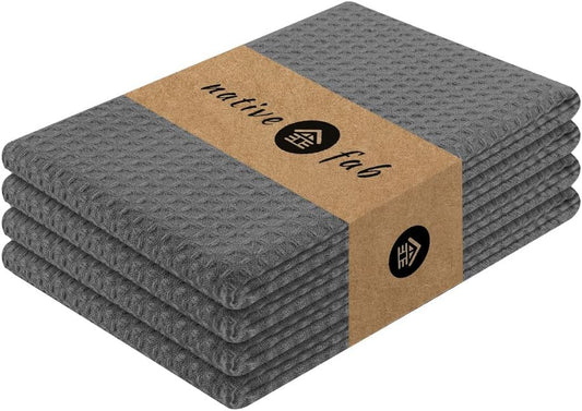 Native Fab Cotton Kitchen Towel with Hanging Loop 16x26 inches, 4-Pack, Waffle Weave Kitchen Towels for Cleaning Drying, Washcloths Soft & Absorbent Cloth Rags, Bar Towel, Dish Cloth, Grey - Nestoria