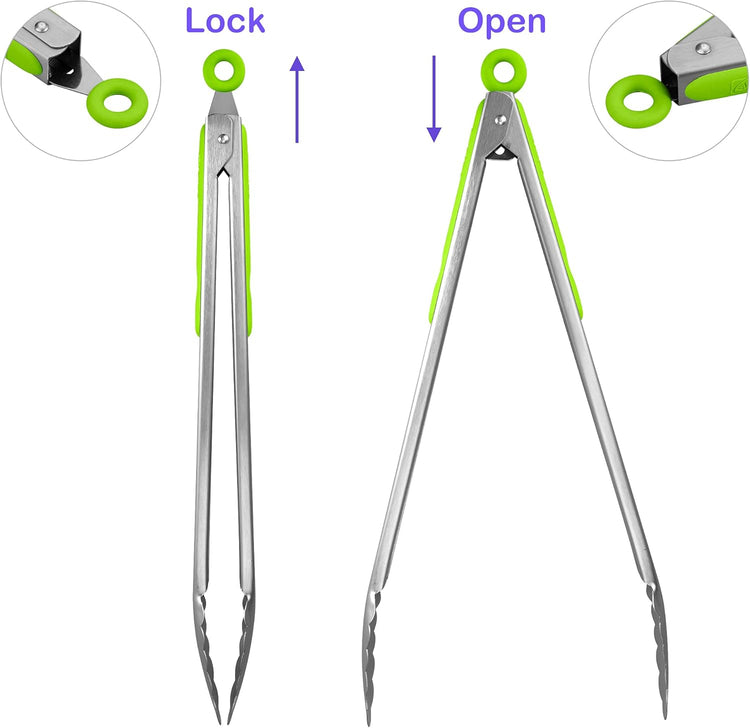 304 Stainless Steel Kitchen Cooking Tongs, 14" and 16" Set of 2 Sturdy Grilling Barbeque Brushed Locking Food Tongs with Ergonomic Grip, Green
