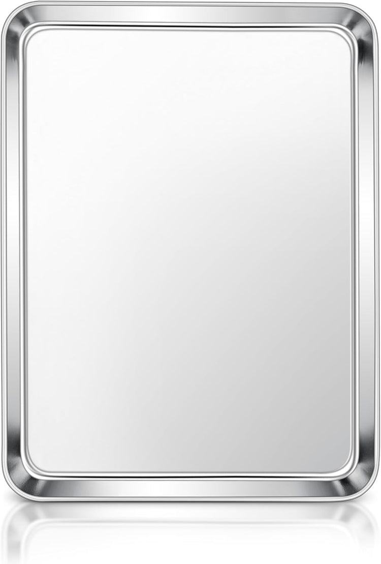 E-far Stainless Steel Baking Sheet, 12.4” x9.7” Baking Cookie Sheet Pan for Oven, Non-toxic Metal Toaster Oven Tray for Cake Cookie, Healthy & Rust Free, Mirror Finish & Dishwasher Safe, 1 Pack