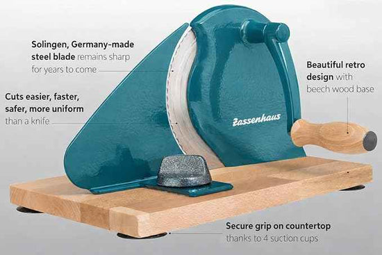 Zassenhaus Original Classic Adjustable Bread Slicer for Uniform Slices - Bread Slicer for Homemade Bread - 18/8 Stainless Steel Blade Sourdough Cutter-Water Blue 11.75" x 8"