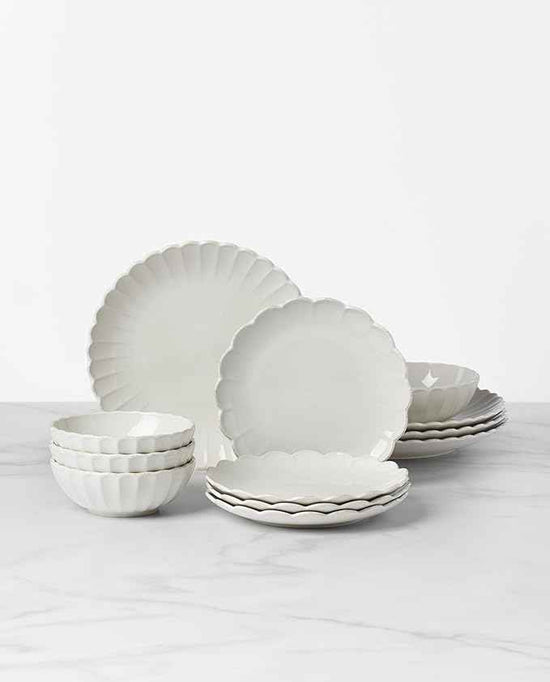 Lenox Stoneware Dinnerware Sets, French Perle Scallop 12-Piece Dinnerware Set for 4, Service For 4, Dishwasher Safe Dishware, White Dishes Set, Stoneware Dinner Plates and Bowls Sets (White, 12 Piece)