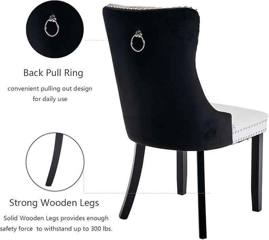 Dining Room Chairs Set of 4, Upholstered Dining Chairs with Back Ring Pull Trim and Solid Wood Legs, Modern Tufted Kitchen Chairs for Dining Room, White Pu Leather Splicing Black Velvet