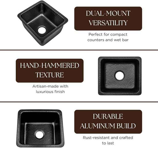 Monarch Abode Kitchen & Bar Sink – 17-inch Highball Dual Mount Drop in Kitchen Sink, Hand Hammered Matte Black Aluminum Sinks, Drop in Bar Sinks or Undermount, Deep Single Rectangular Bowl