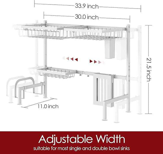 Over The Sink Dish Drying Rack - Adjustable 2 Tier Large Capacity Stainless Steel Drainer with Cutlery & Utensil Holders, Kitchen Storage & Organization, 30"-33.9" L x 11" W x 21.5" H, White