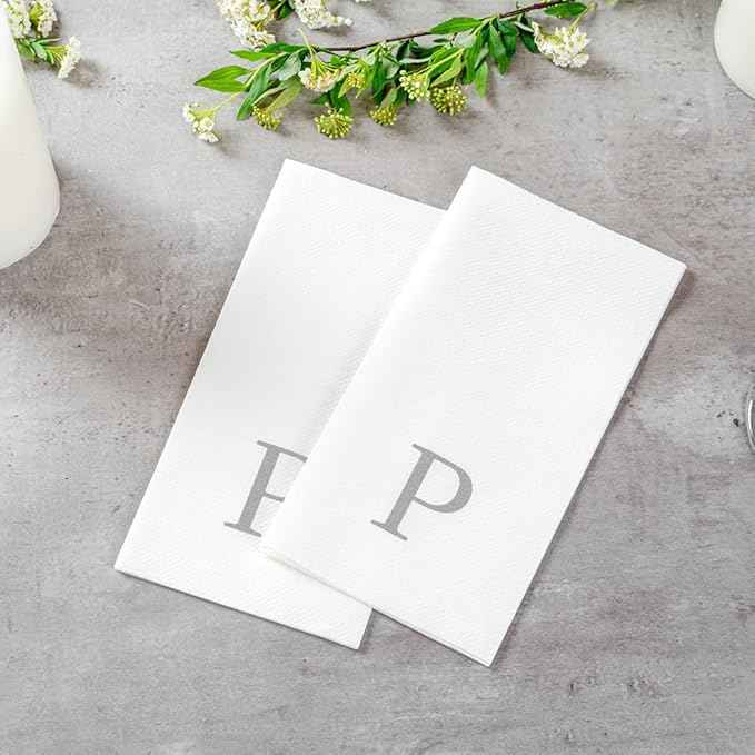 Luxenap 15.8 X 7.9 Inch Linen-Feel Guest Towels, 2000 Lettered Hand Towels - Silver Letter 'P', Sans Serif Font, White Paper Dinner Napkins, airlaid, For Restrooms And Tables - Restaurantware