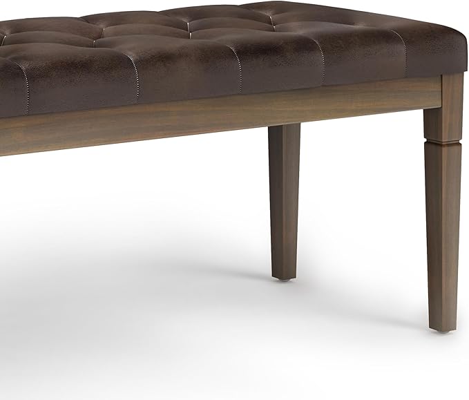 SIMPLIHOME Waverly Tufted Ottoman Bench - 48 inch Wide Upholstered Vegan Leather Rectangle Footstool Ottoman in Distressed Brown, Traditional Bench for Bedroom or Living Room with Carved Legs