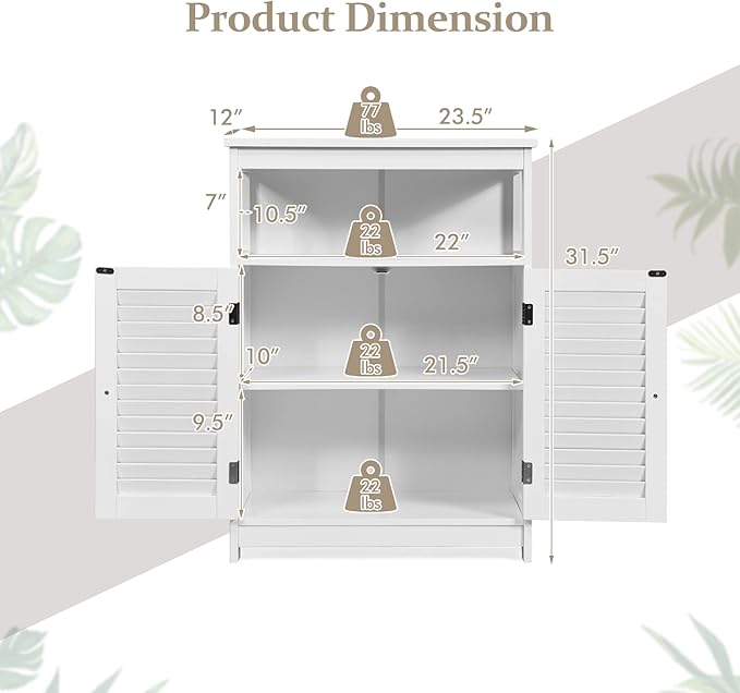 COSTWAY Bathroom Storage Cabinet, Wooden Side Storage Organizer with Louver Doors & Removable Shelf, Freestanding Floor Cabinet for Living Room, Kitchen, Entryway (White)