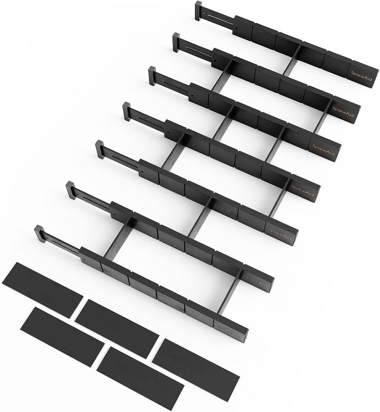 SpaceAid Bamboo Drawer Dividers with Inserts and Labels, Kitchen Adjustable Drawer Organizers, Expandable Organization for Home, Office, Dressers, 7 Dividers with 15 Inserts (17"-22" Black)