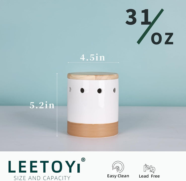 LEETOYI Garlic Keeper with Wooden Lid, Ceramic Garlic Holder Storage Container for Countertop, Saver to Keep Garlic Cloves Fresh Longer