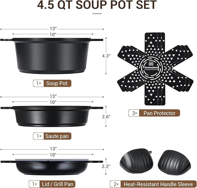Ammeloo 8-Piece Ceramic Nonstick Cooking Pot Set with Lid, 4.5 Qt Soup Pot, All-in-One Stock Pot for All Stoves, Dishwasher Safe & Easy to Clean, Induction Ready, PFAS Free, for Stews, Soups & Pasta