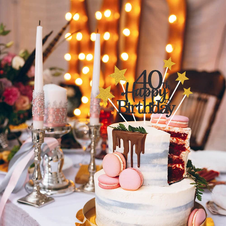 Black Gold 40th Birthday Cake Topper with Glittery Stars (7 Count)