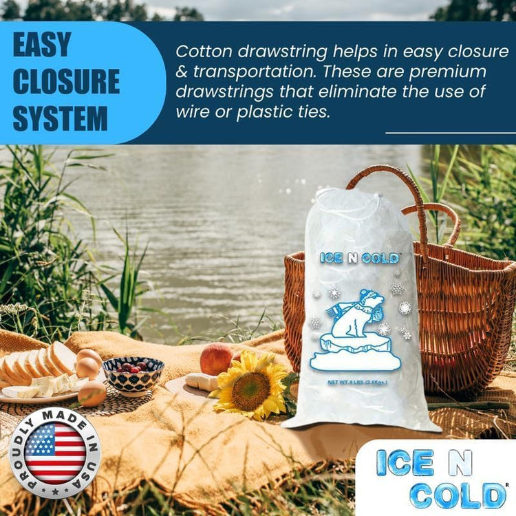 Ice Bags with Drawstring Closure | 20lb, 600ct/cs | 50 mic Thickness | Portable Storage and Freezer Keeper
