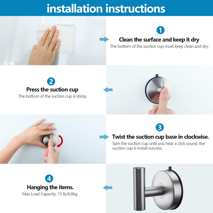 Large Suction Cup Hooks Brushed Nickel Stainless Steel Suction Shower Hooks for Loofah Set of 2 Towel Hook 11 Lb No Drill Hook for Bathroom (2 Count)
