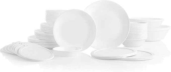 Corelle Vitrelle 78-Piece Service for 12 Dinnerware Set, Triple Layer Glass and Chip Resistant, Lightweight Round Plates and Bowls Set, Winter Frost White