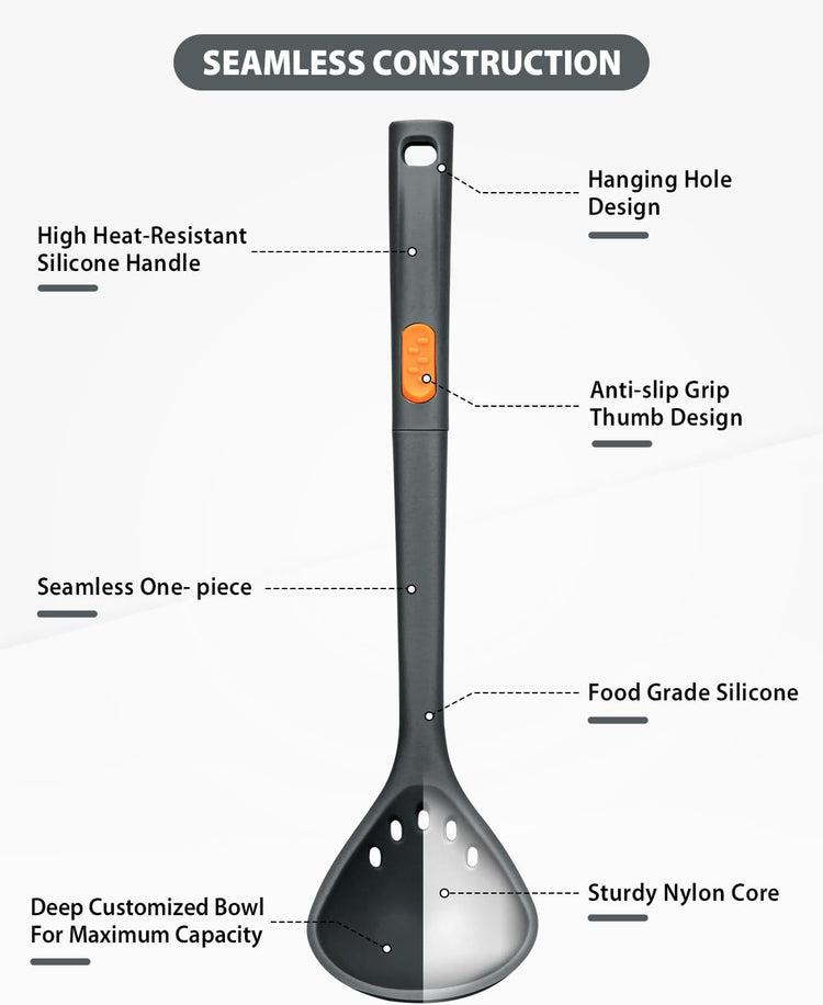 Silicone Pasta Fork and Ladle Spoon Set, Large Non Stick Kitchen Utensils for Cooking,Stirring,One Piece Serving Spaghetti, Soup, Sauce (GREY)