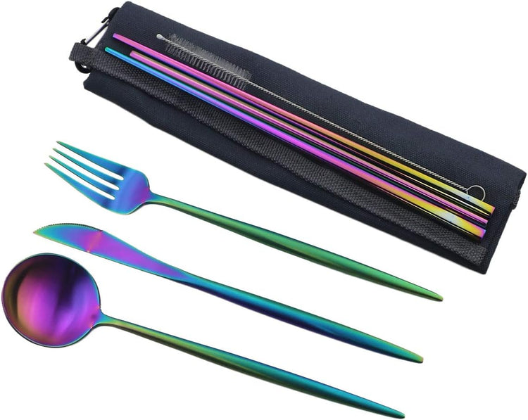 Gugrida Reusable Travel Utensils, 7 Piece Portable 304 Stainless Steel including Knife Fork Spoon Chopsticks Cleaning Brush Straws Portable Pouch, Eco-friendly Camping Silverware Set, Dishwasher Safe