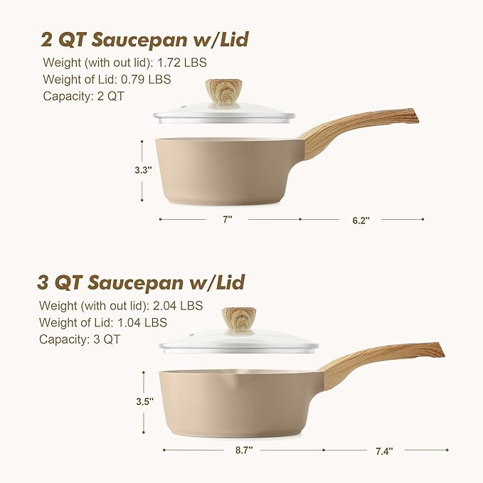 SENSARTE 2.0 & 3.0 Quart Ceramic Sauce Pan Sets with Lid, Cooking Pots Set, Nonstick Saucepan Set with Pour Spout, Small Kitchen Pot, Non toxic Saucepot, Induction Comptable, PFOA PTFE PFAS PFOA Free