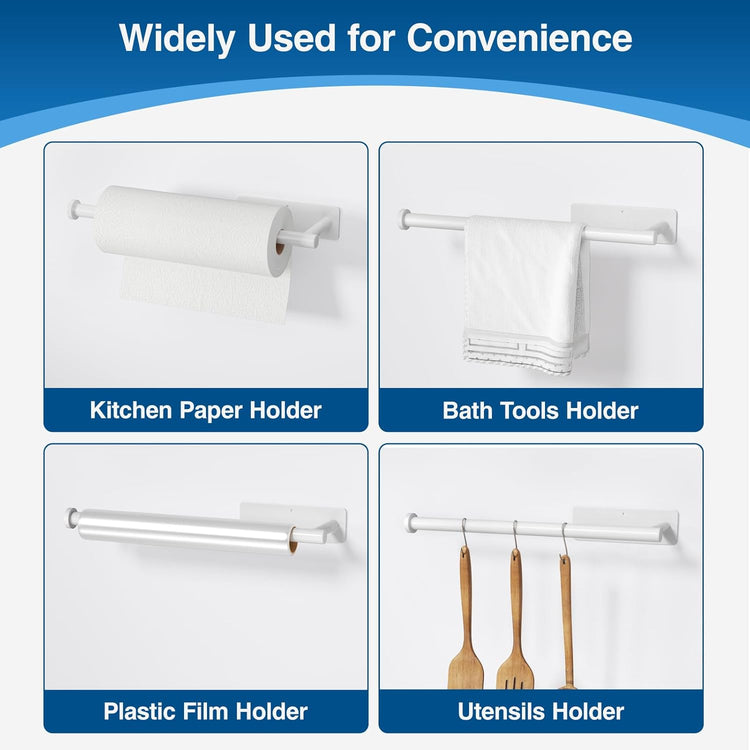 Paper Towel Holder - Self-Adhesive or Drilling, White Wall Mounted Rack - SUS304 Stainless Steel Kitchen Roll Holder Under Cabinet (2 Pack)